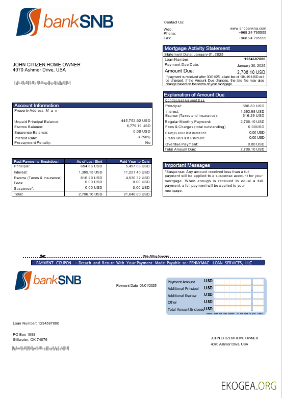 États , Unis Oklahoma Relevé hypothécaire de la banque SNB aux formats Word et PDF